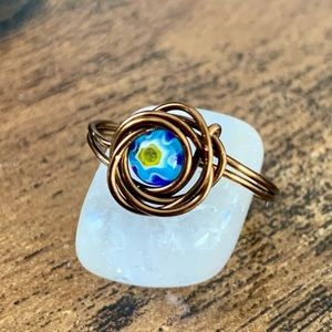 Blue Daisy Handcrafted Millefiori Wire Ring (Size 6)